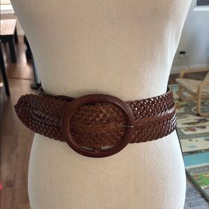 Anthropologie Brown Woven Leather high waist Belt with Circular Buckle